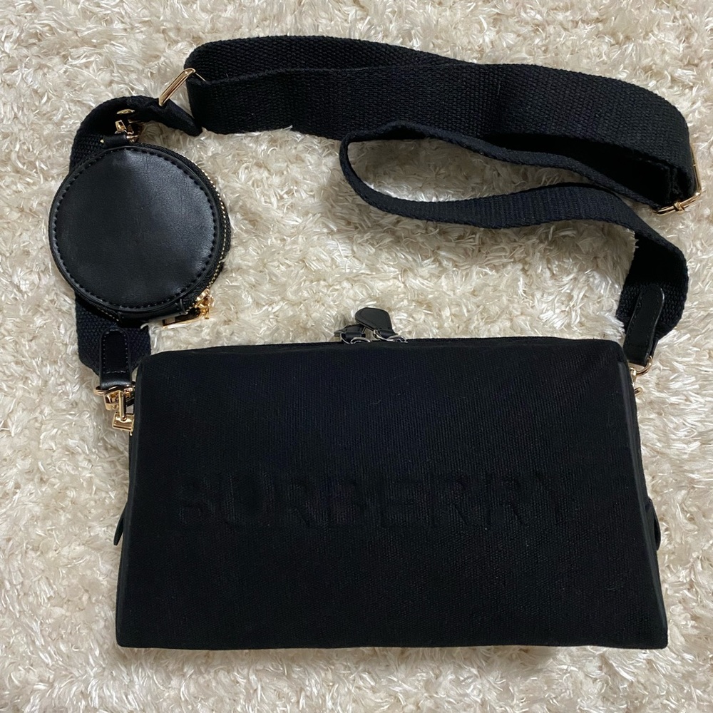 New Burberry Black Canvas Perfume Pouch converted to a crossbody bag